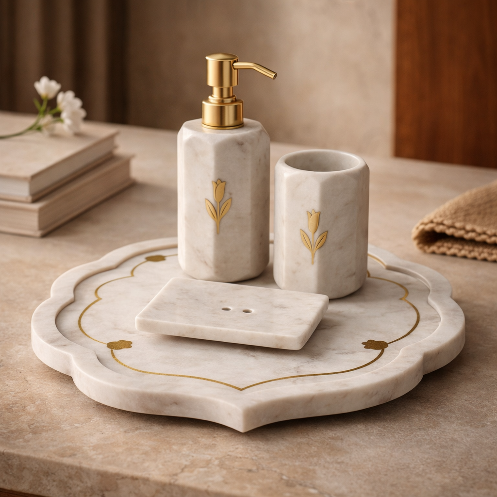 Marble Bath Set with Gold Detailing