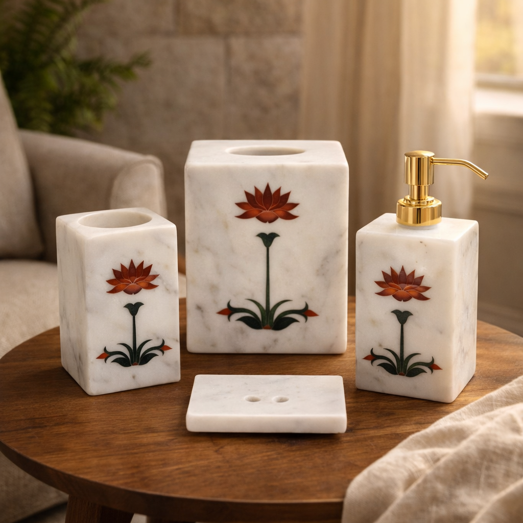 Marble Bathroom Set with Floral Inlay & Gold Accents