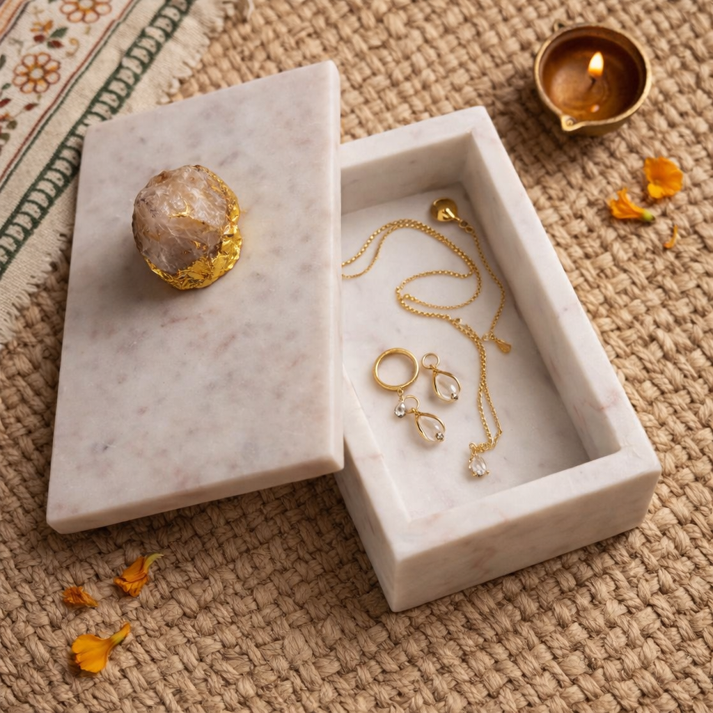 Marble Jewellery Box with Rose Quartz Knob