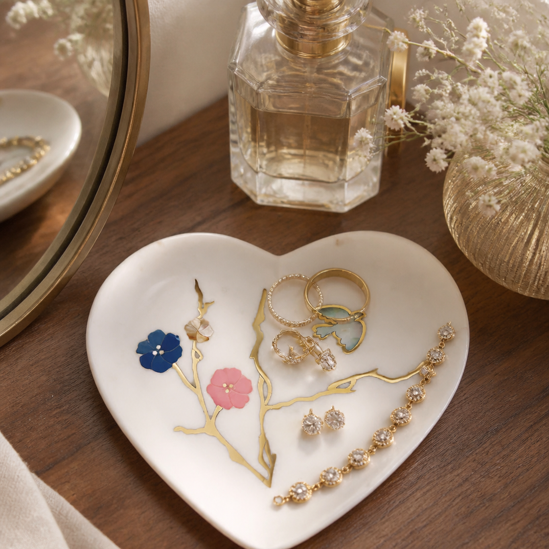 Heart-Shaped Marble Trinket Tray with Floral Detailing