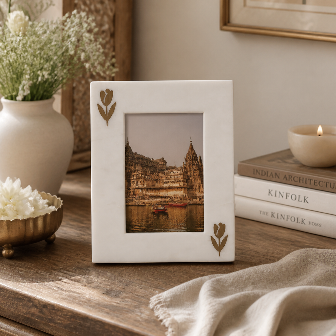 Marble Photo Frame with Floral & Gold Detailing