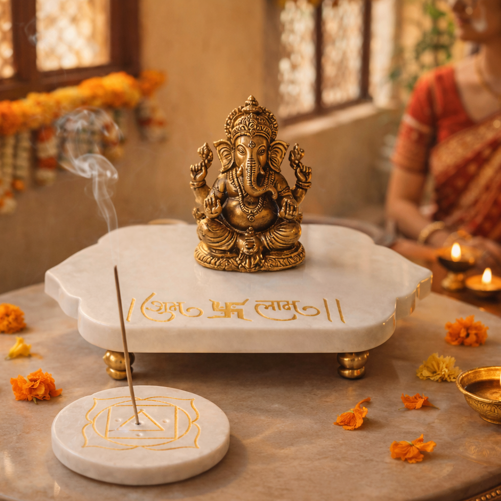 Shubh-Labh Marble Incense Holder with Gold Detailing