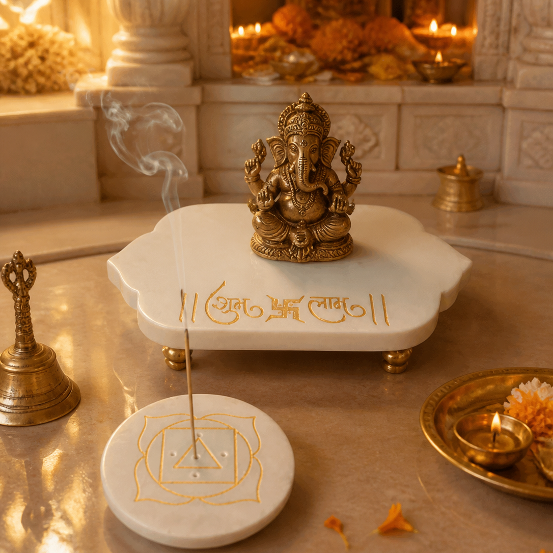 Shubh-Labh Marble Incense Holder with Gold Detailing