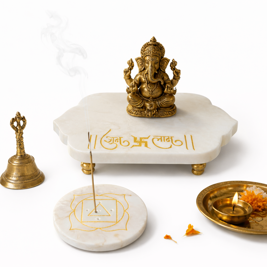 Shubh-Labh Marble Incense Holder with Gold Detailing