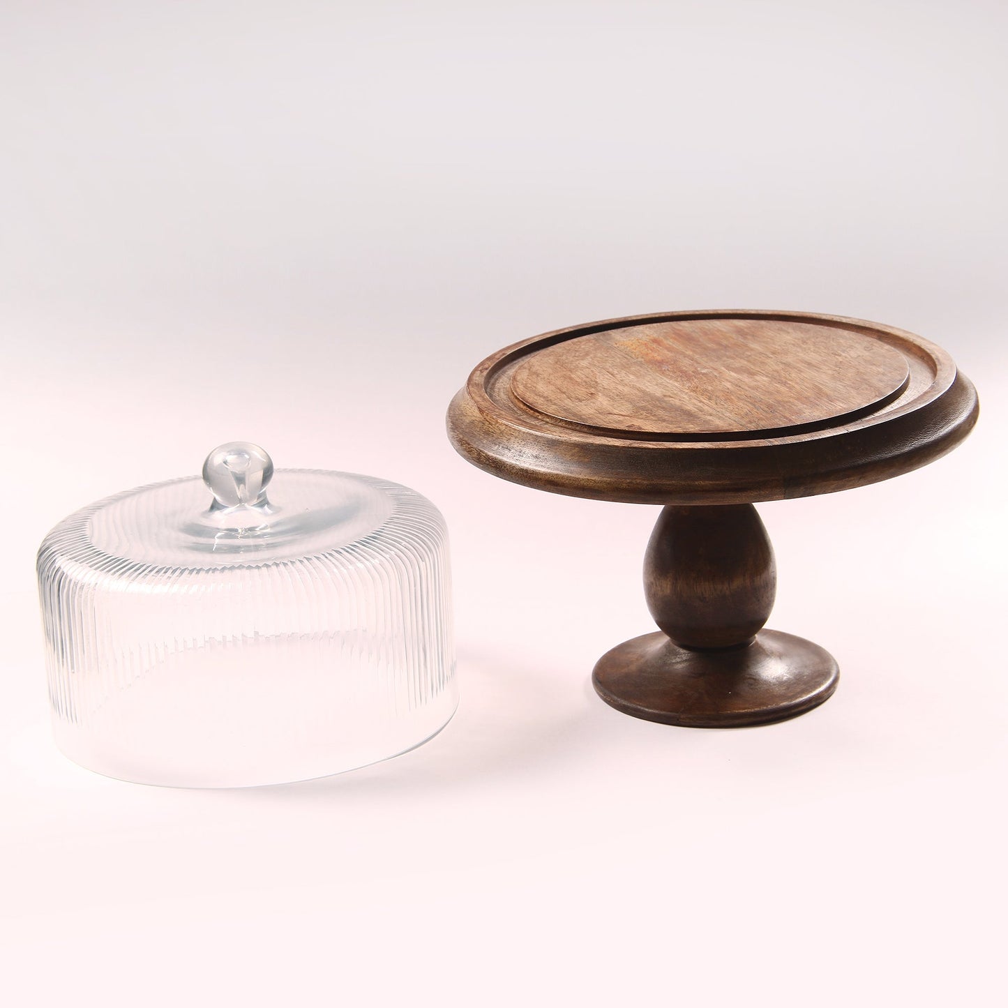 Fluted Glass Cloche With Wooden Serve