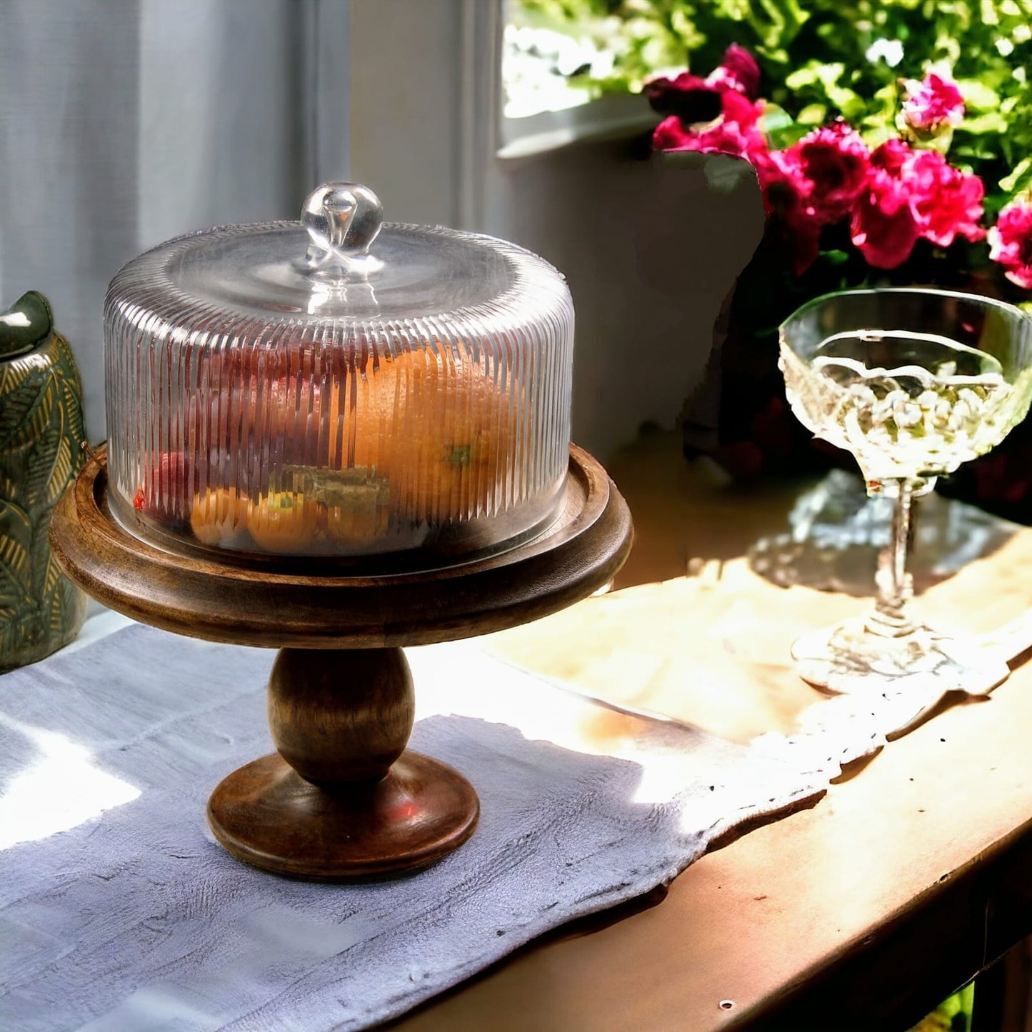 Fluted Glass Cloche With Wooden Serve