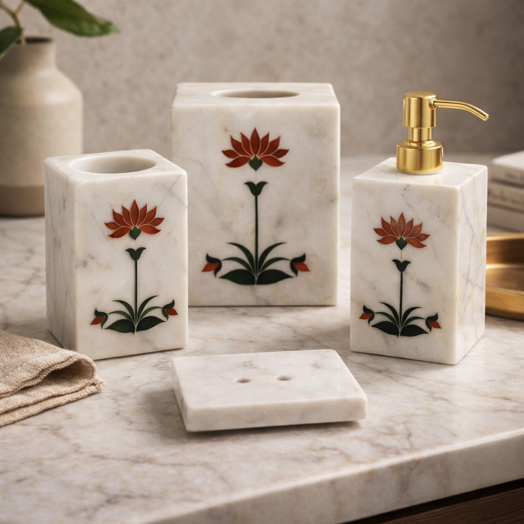 Marble Bathroom Set with Floral Inlay & Gold Accents