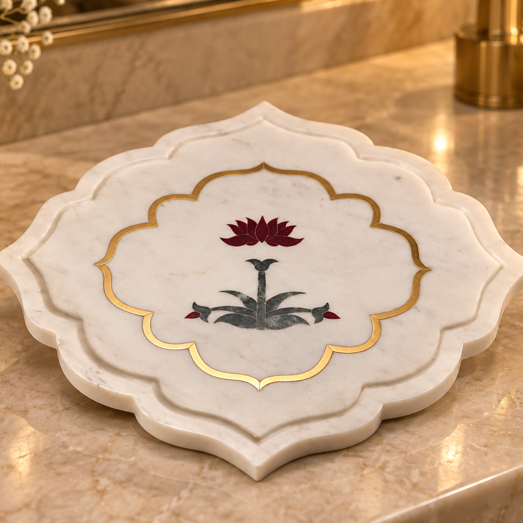 Lotus Inlay Marble Platter with Gold Detailing