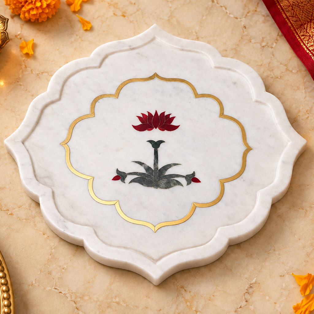 Lotus Inlay Marble Platter with Gold Detailing
