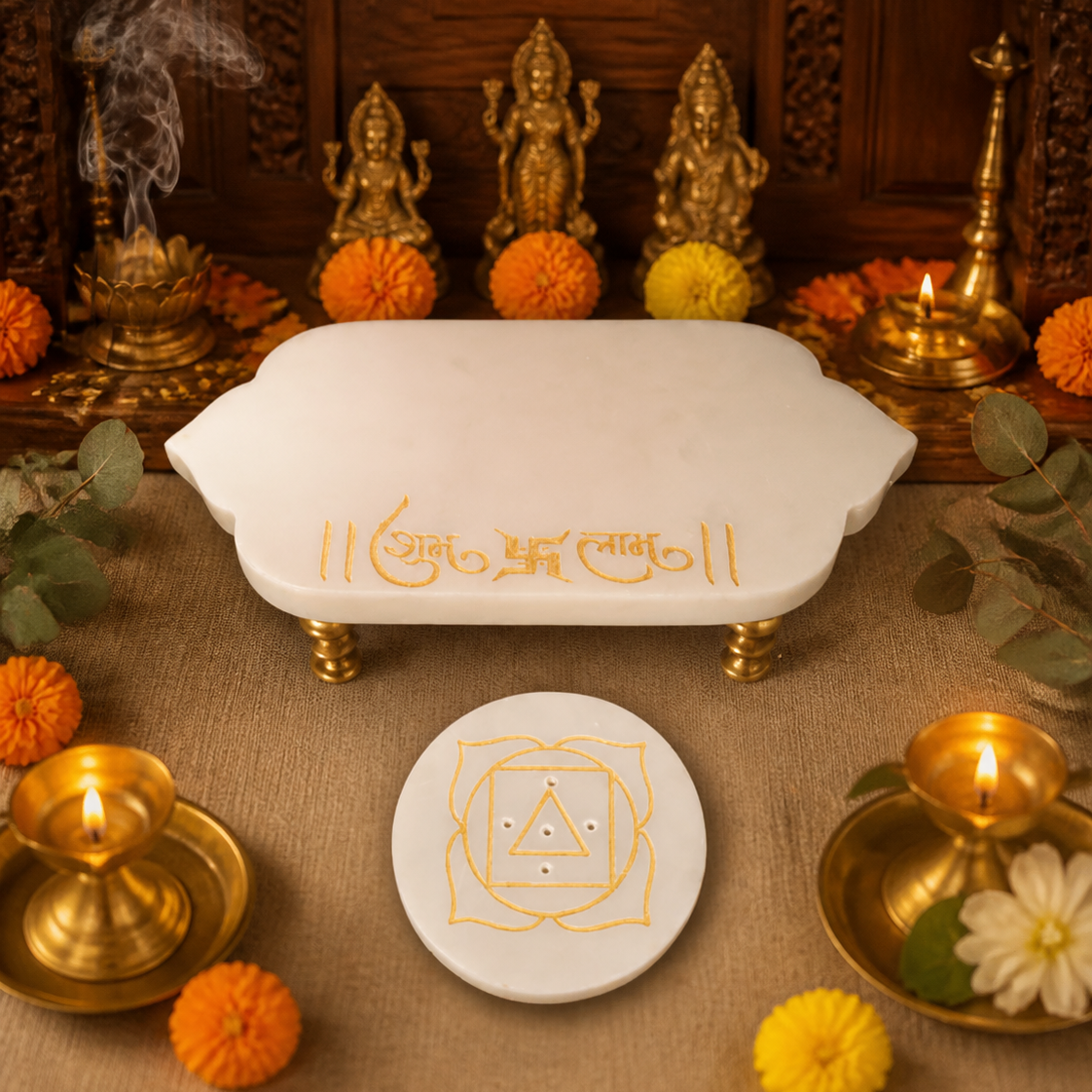 Shubh-Labh Marble Incense Holder with Gold Detailing
