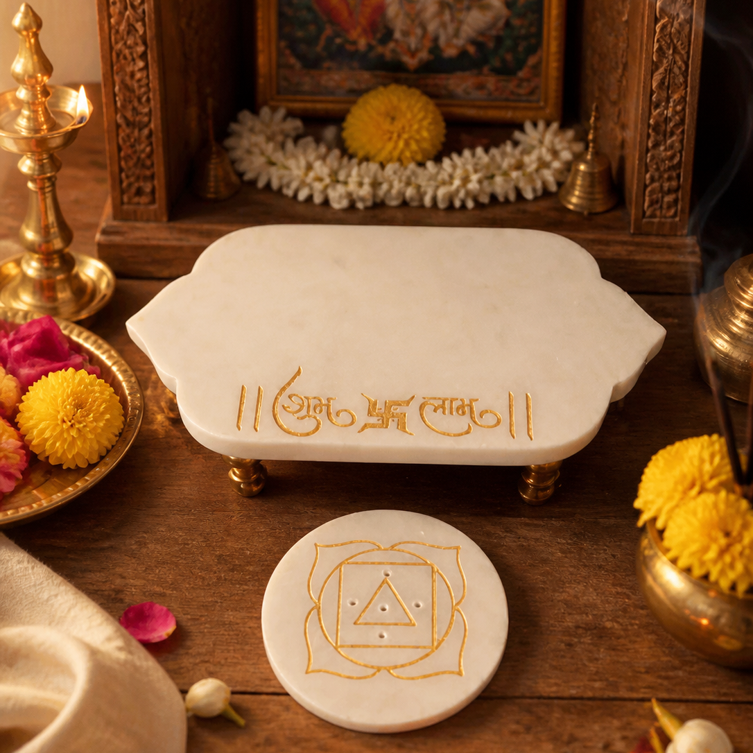 Shubh-Labh Marble Incense Holder with Gold Detailing