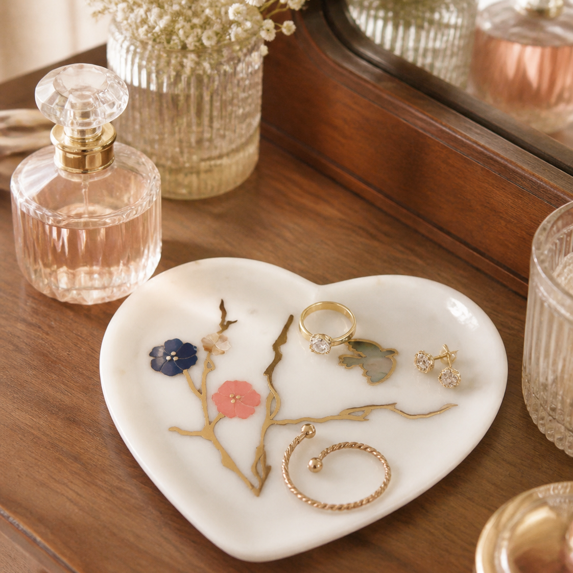 Heart-Shaped Marble Trinket Tray with Floral Detailing
