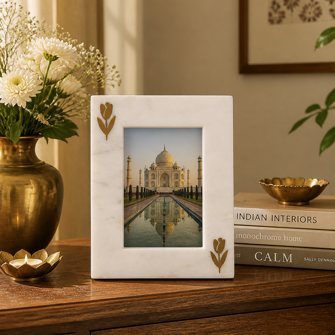 Marble Photo Frame with Floral & Gold Detailing