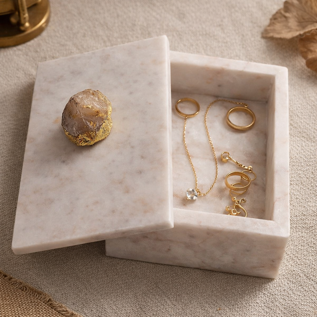 Marble Jewellery Box with Rose Quartz Knob