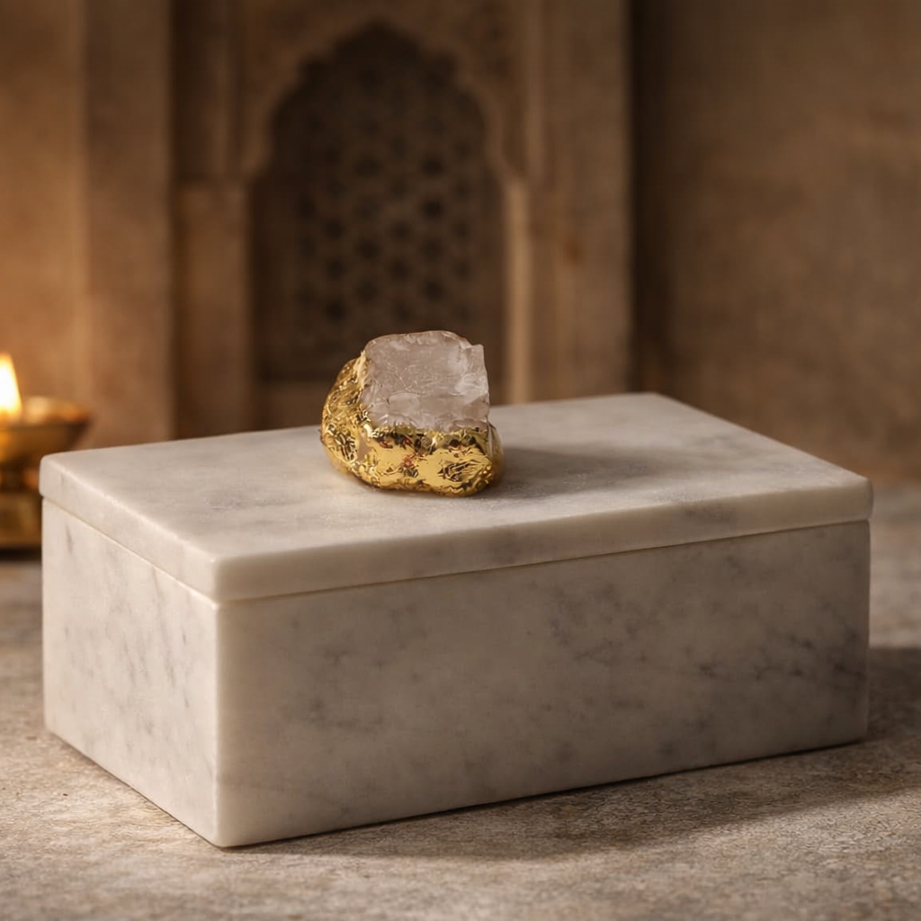 Marble Jewellery Box with Rose Quartz Knob