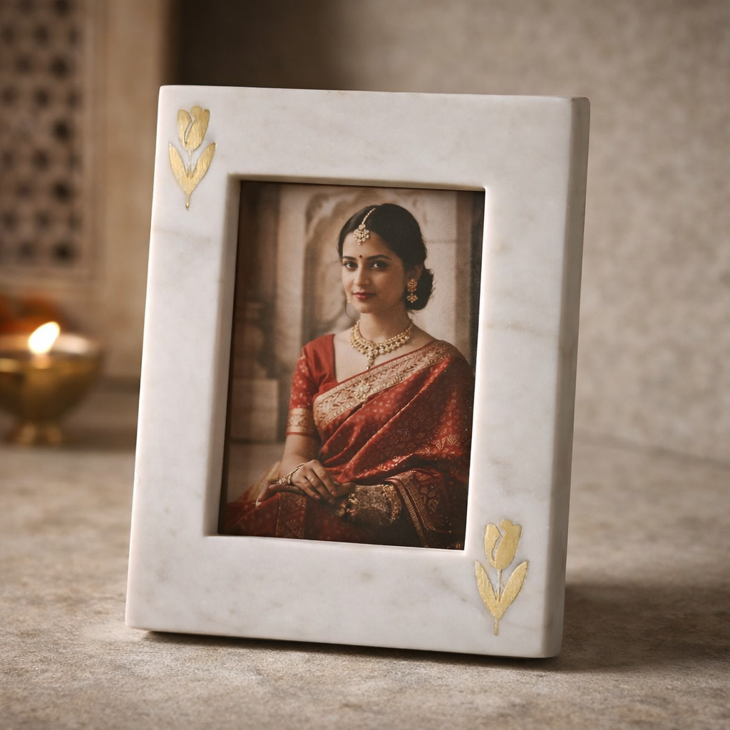 Marble Photo Frame with Floral & Gold Detailing