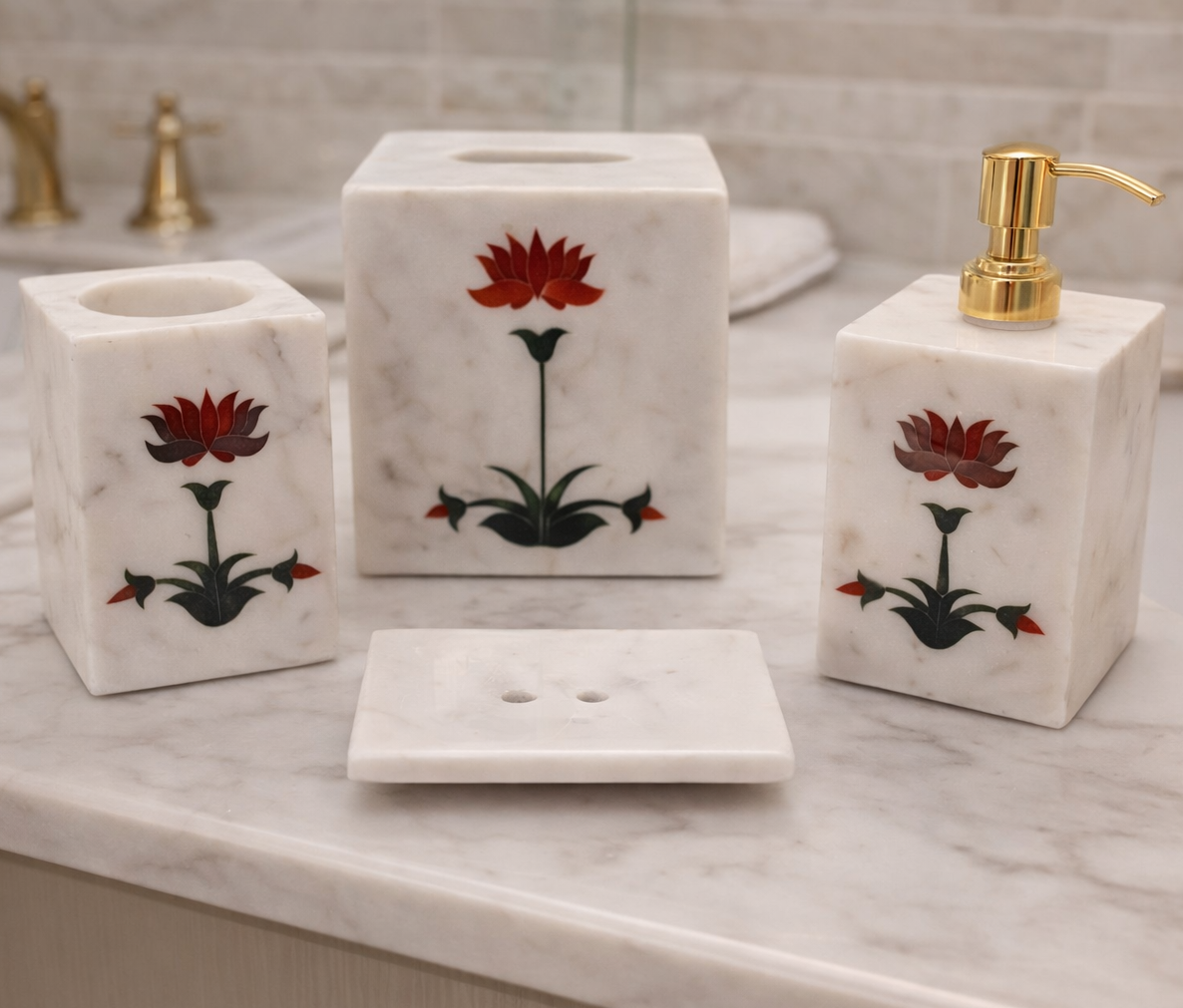 Marble Bathroom Set with Floral Inlay & Gold Accents