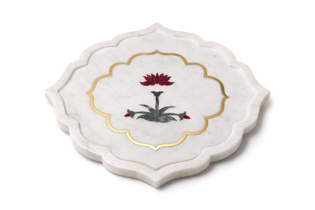 Lotus Inlay Marble Platter with Gold Detailing