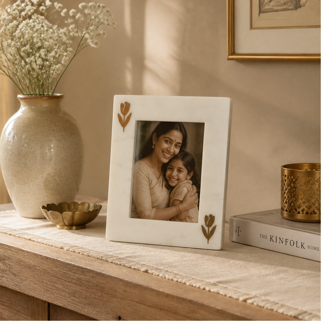 Marble Photo Frame with Floral & Gold Detailing